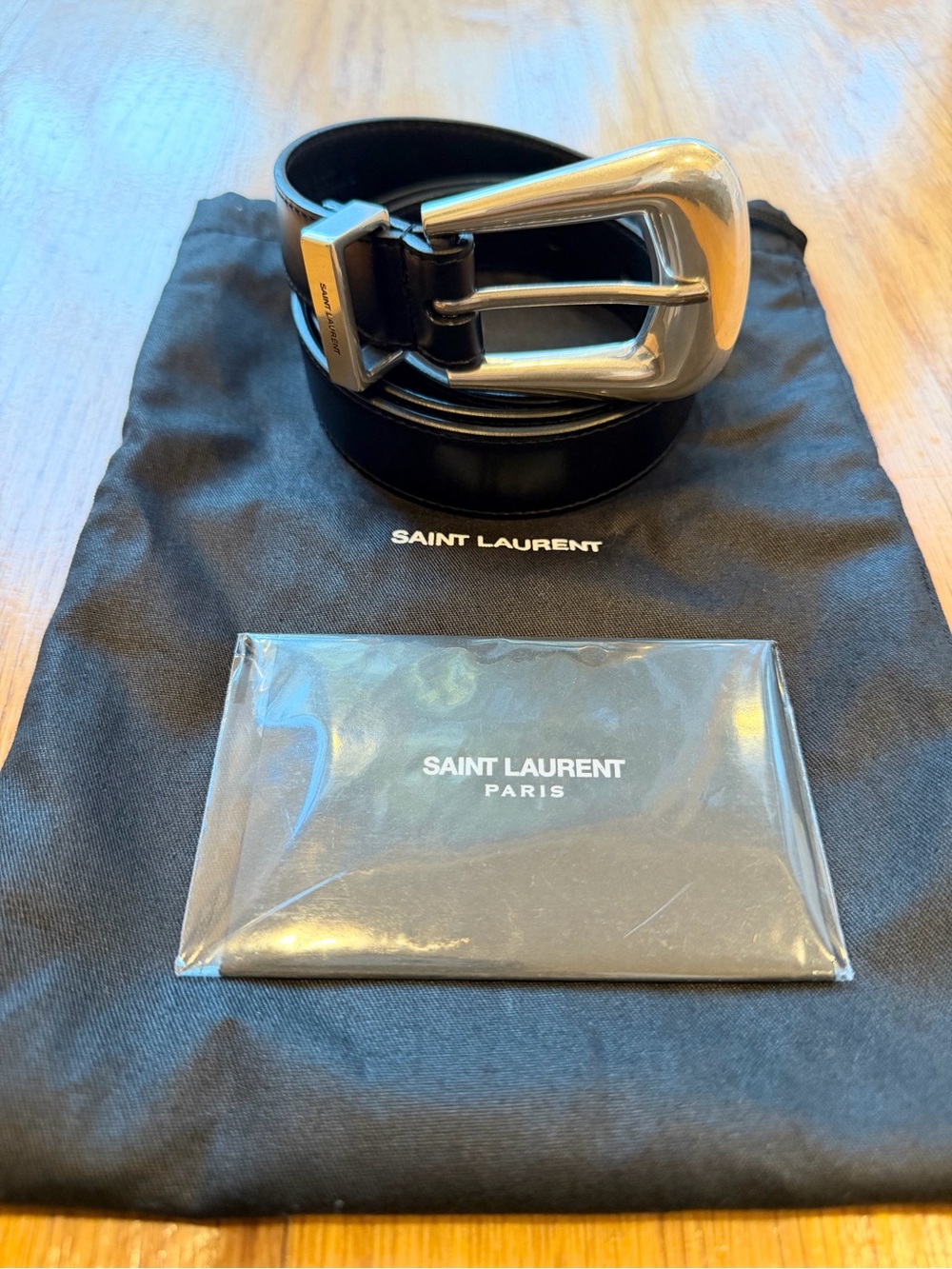 New Saint Laurent Folk Belt Black/Silver Size 80